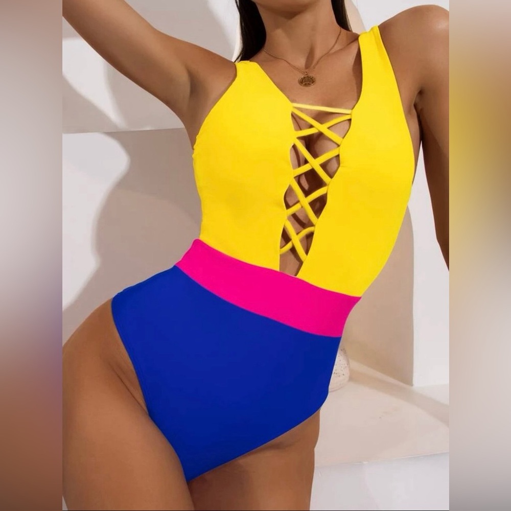 SHEIN Colorblock Lace-Up One-Piece Swimsuit - Yellow, Pink, Blue Cutout Monokini